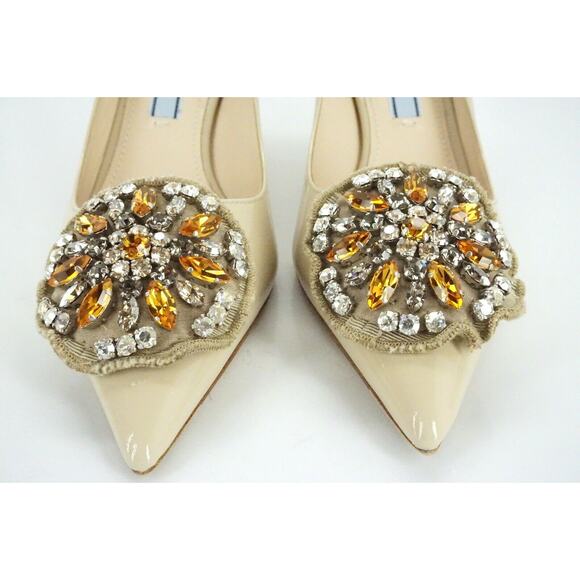 Prada Nude Patent Beaded Broach Mid Heel Pointy Toe Pumps - Picture 6 of 12